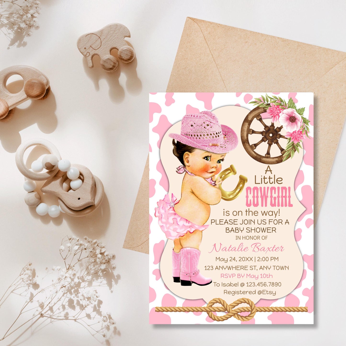 cowgirl baby shower invitation: pink western theme (printable & editable)