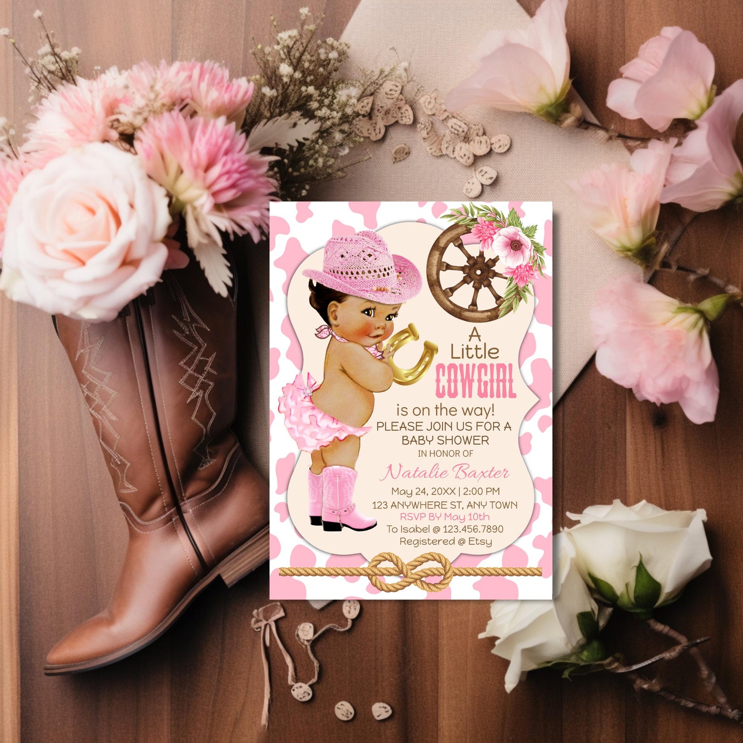 cowgirl baby shower invitation: pink western theme (printable & editable)