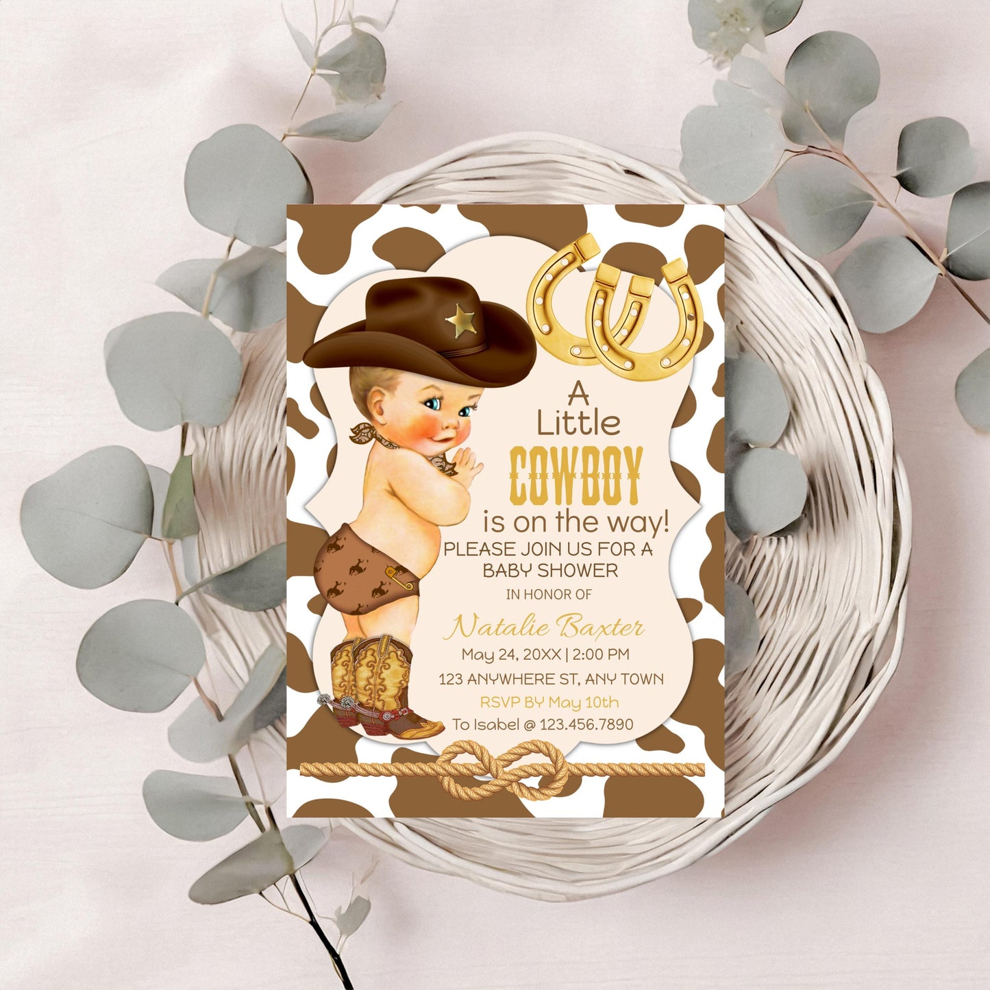 cowboy baby shower invitation: rustic western boot (editable corjl template, 5x7 printable