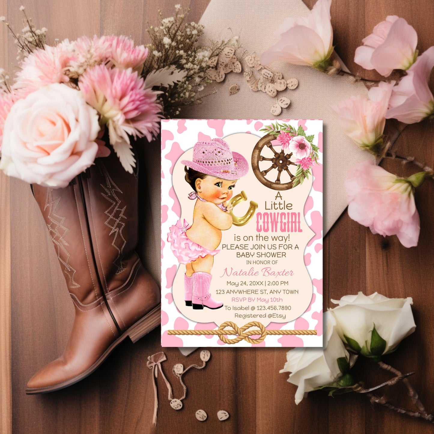 cowgirl baby shower invitation: pink western theme (printable & editable)