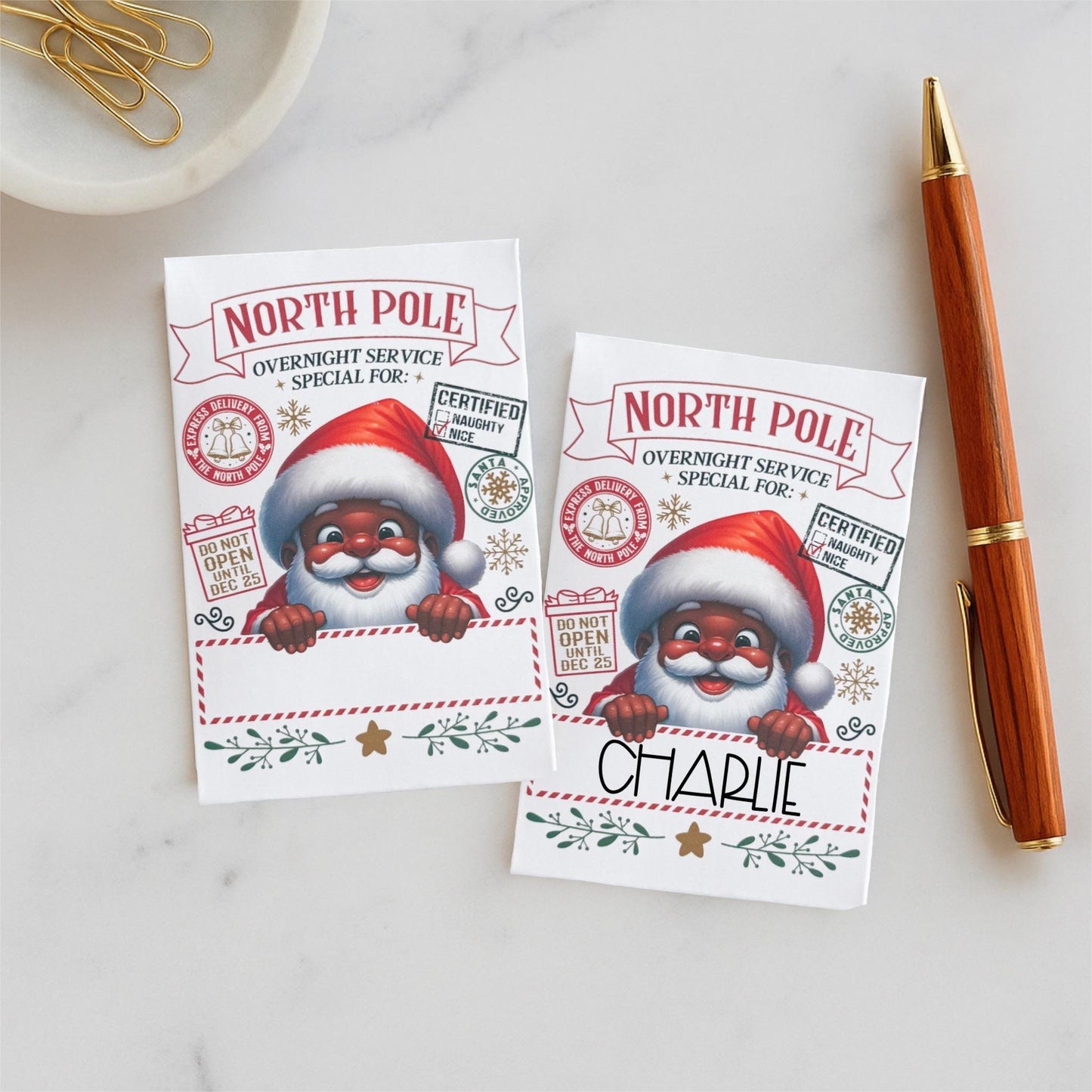 personalized black santa gift card holder: north pole christmas cash envelope