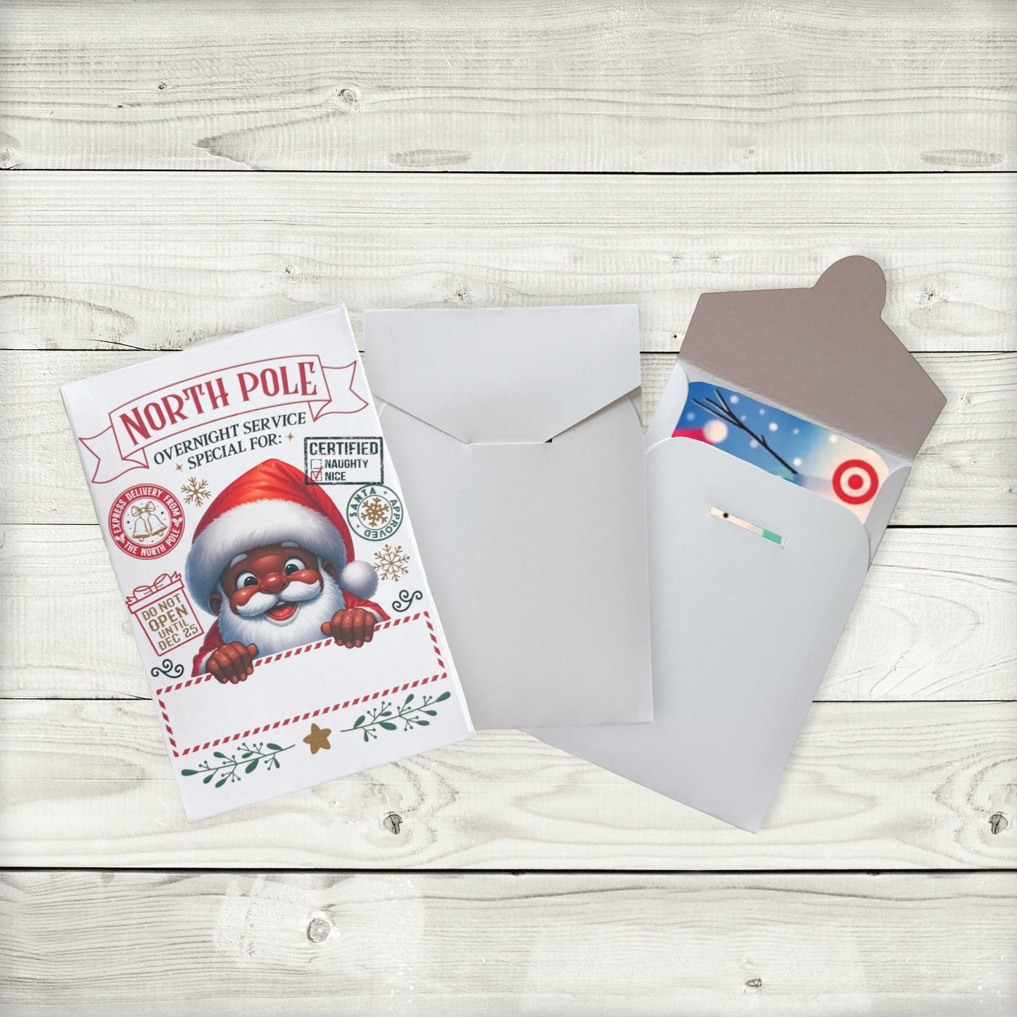 personalized black santa gift card holder: north pole christmas cash envelope